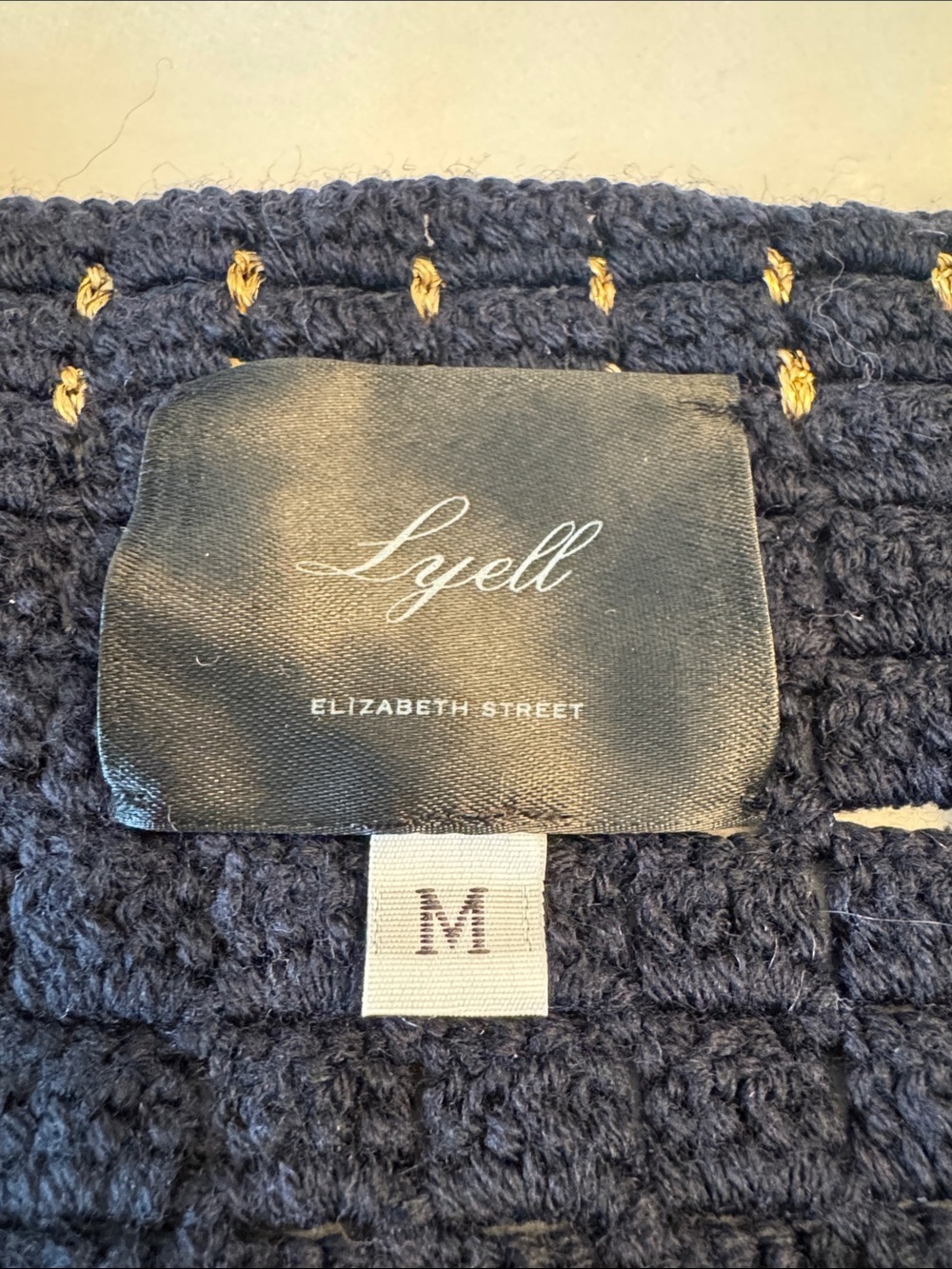EUC! Lyell Elizabeth Street Navy Crocheted Knit Vest with Gold Accent, sz M - Picture 2 of 10